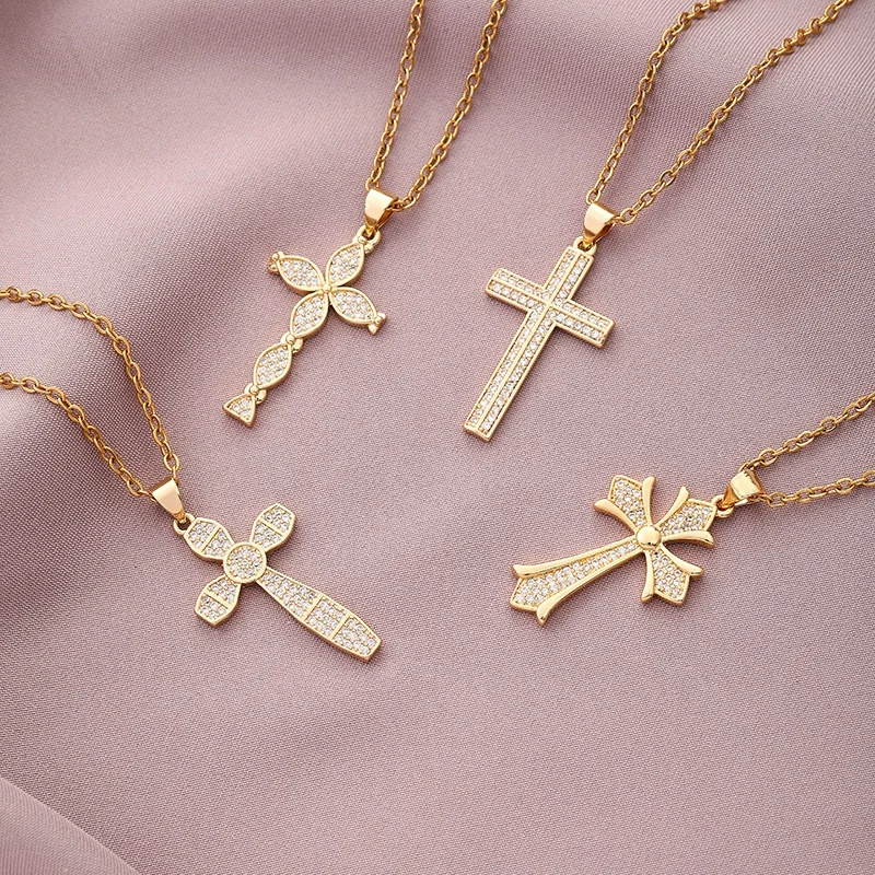 

Wholesale Jewelry Stainless Steel Chain Brass Inlaid Cubic Zircon Cross Pendant Necklace For Women