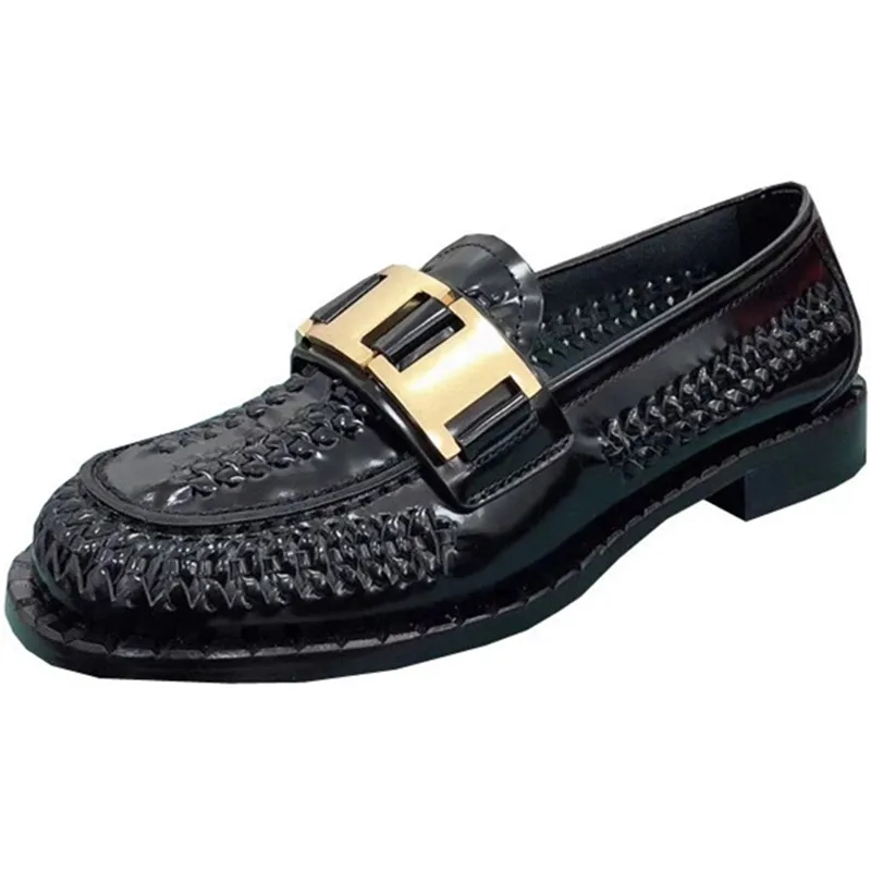 

Dropshipping Custom Logo Braided Leather Brand Woman Metal Buckle Decor Loafers Female Hollow Outs Footwear Flat Women Shoes