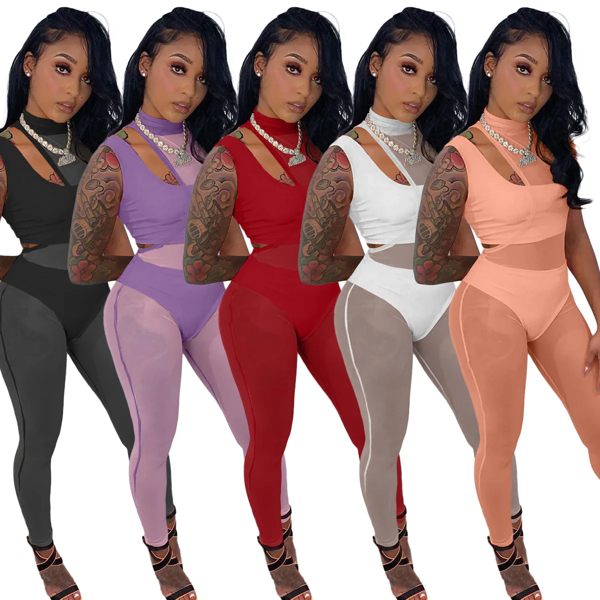 

YX9275 Hot sell sexy bodycon summer outfits crop top triangle mesh jumpsuit womens 3 piece outfit solid color 3 piece set women