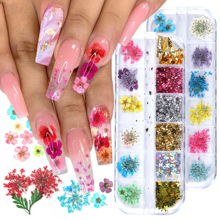 

12 Mix Colors Dried Flowers Nail Decorations Jewelry Natural Pressed Floral Leaf Stickers 3D Nail Dry Flower Charms, Multi color