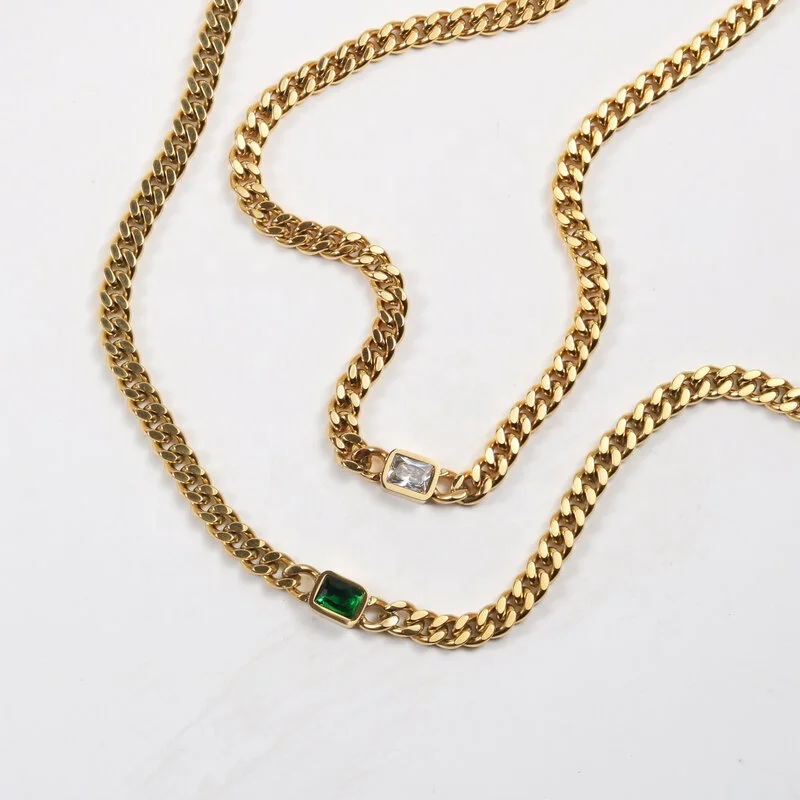 

New trendy square green white zircon necklace stainless steel chunky cuban chain necklace 18K gold filled jewelry