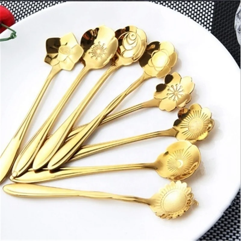 

Stainless steel flower golden petals stirring exquisite coffee dessert spoon, Gold, silver, rose gold