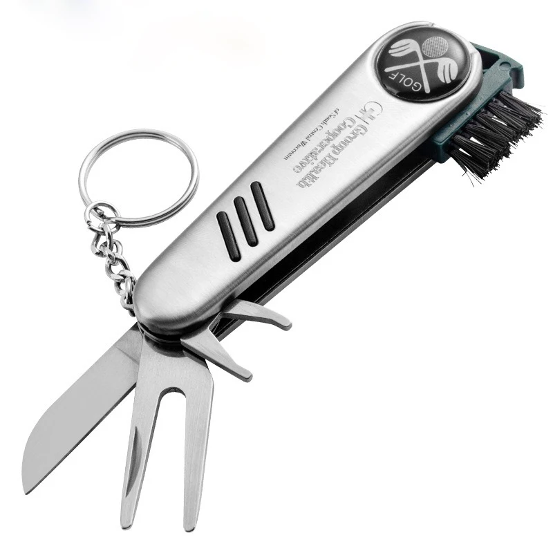 

Free Sample Multi Functional Keychain Golf Divot Tool with Pocket knife, Silver