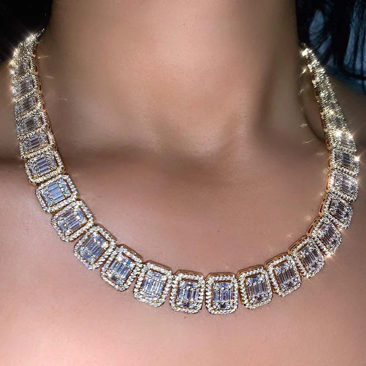 

New Arrival Hip Hop Punk Shining Iced Out Zircon Necklace Square Cuban Link Chain 18k Gold Plated Necklace