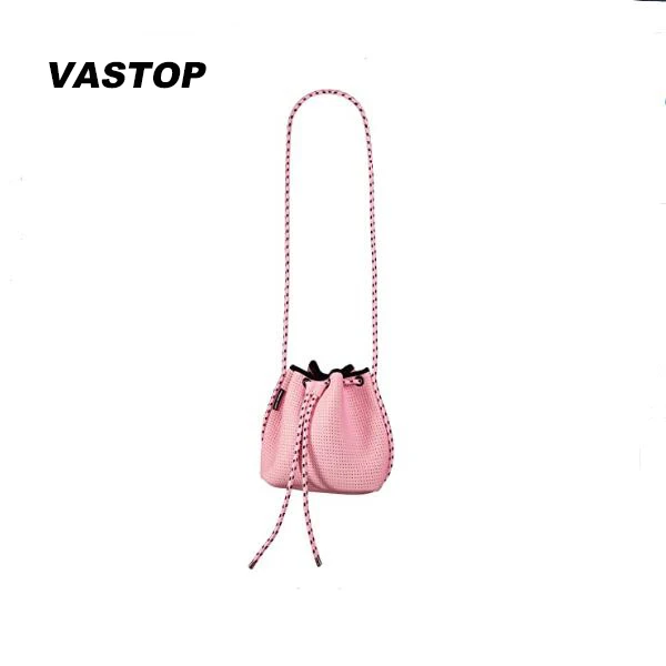 

Fashion Women Girls Cute Pink Crossbody Bag Perforated Neoprene Crossbody Bag with drawstring, Black, pink, sky blue, beige or custom