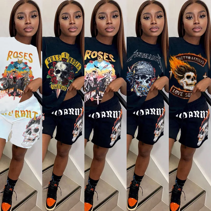 

USA Hot Selling 2021 Summer Skull Printed Women Tshirt And Shorts Set Cycling Shorts Set For women Casual 2 Piece Women Outfit