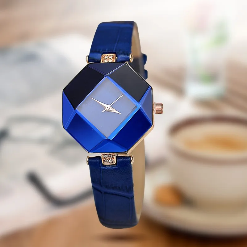 

Women Watches Gem Cut Geometry Crystal Leather Quartz Wristwatch Fashion Dress Watch Ladies Gifts Clock Relogio Feminino 5 color