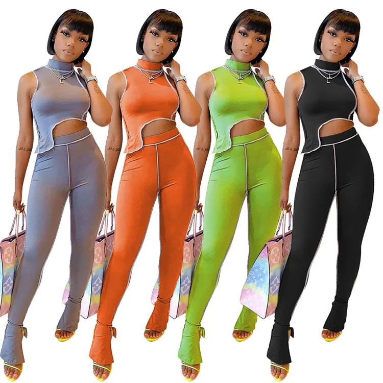 

Newly Boutique Sportswear Skinny Irregular Top Slit Leggings Two Piece Set Summer Women Tracksuits