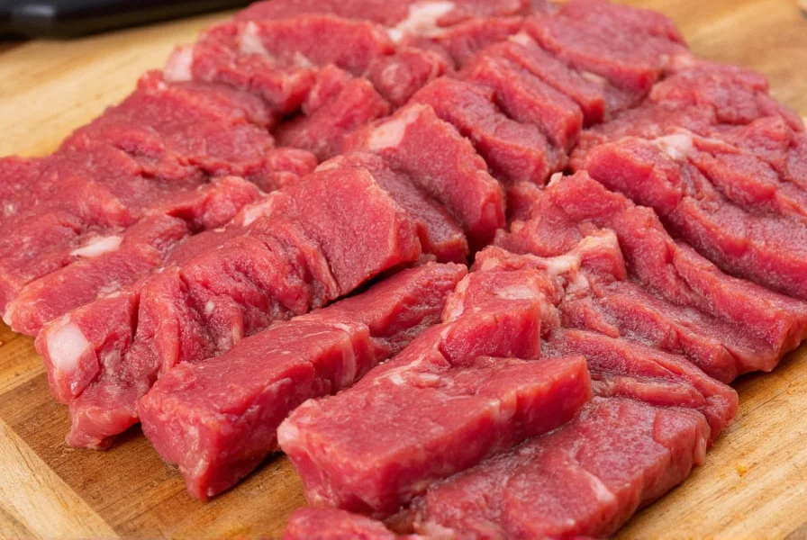 Close-up of perfectly sliced flank steak strips for pepper steak preparation on cutting board