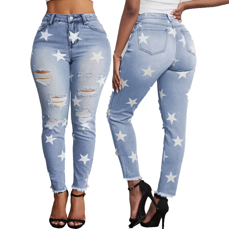 

Hot Sale New Arrival Style Star Print Mid Waist Ripped Jeans Women, Customized