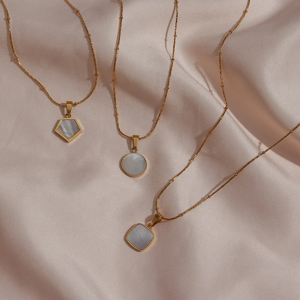

White Shell Circle & Pentagon & Square Pendant PVD 18K Gold Stainless Steel Bamboo Chain Necklace