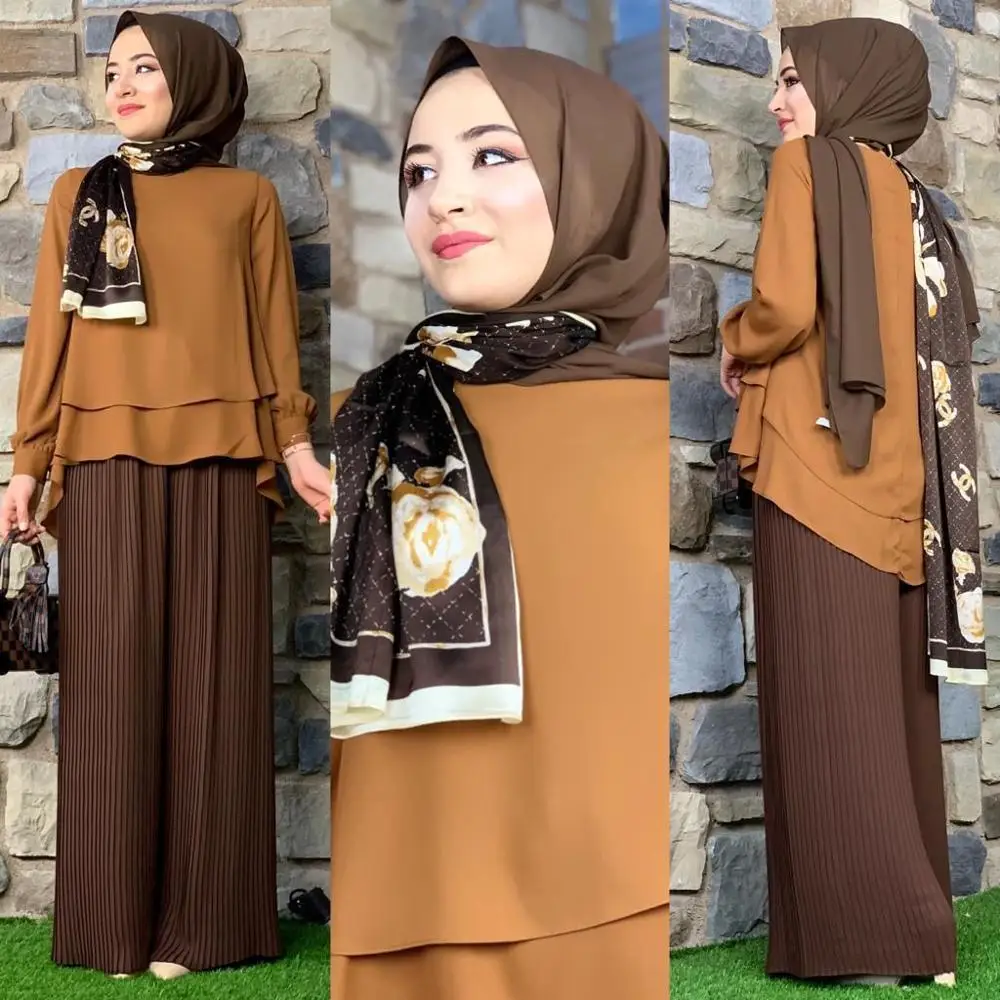 Wholesale Islamic Clothing Black Muslim Casual Chiffon Set Clothes Arabic Casual Women Pleated Clothes Abaya Set