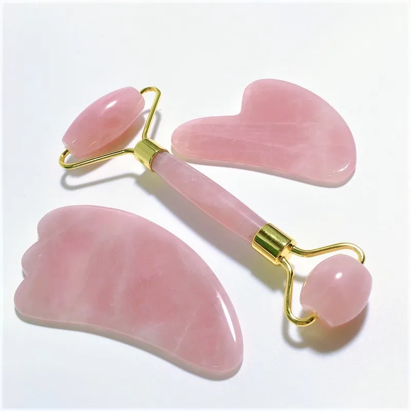 

In Stock OEM Private Label Anti Aging Natural Jade Stone Pink Rose Quartz Facial Gua Sha Set Jade Roller