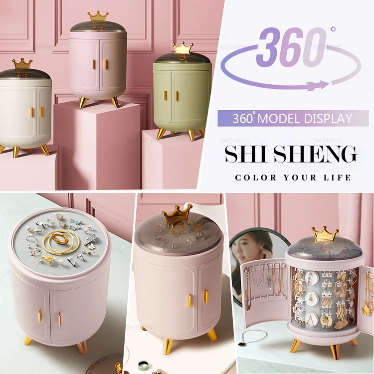 

SHI SHENG Wholesale Cute Large Volume Storage Ring Necklace Earrings Crown Handle Standing Jewelry Box for Girl, White/green/pink