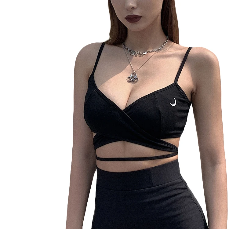 

Bandage hot deep V 100% cotton camisole sexy club elegent women gothic top moon embroidery designer bustier crop top