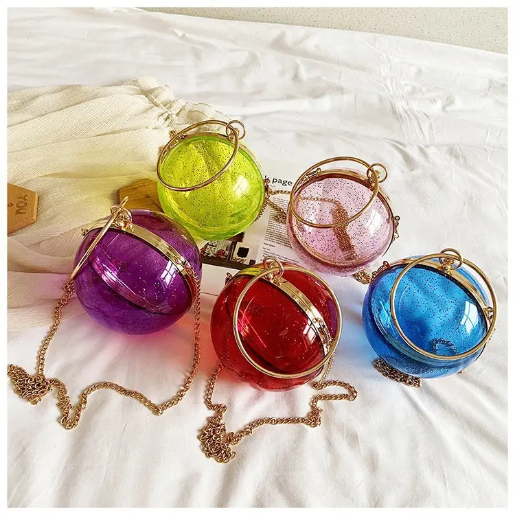 

Women Jelly Handbags Clear Round Double Layer Clutch Transparent Metal Ring Chain Crossbody Shoulder Tote Bags, Fluorescent green, blue, red, pink, purple