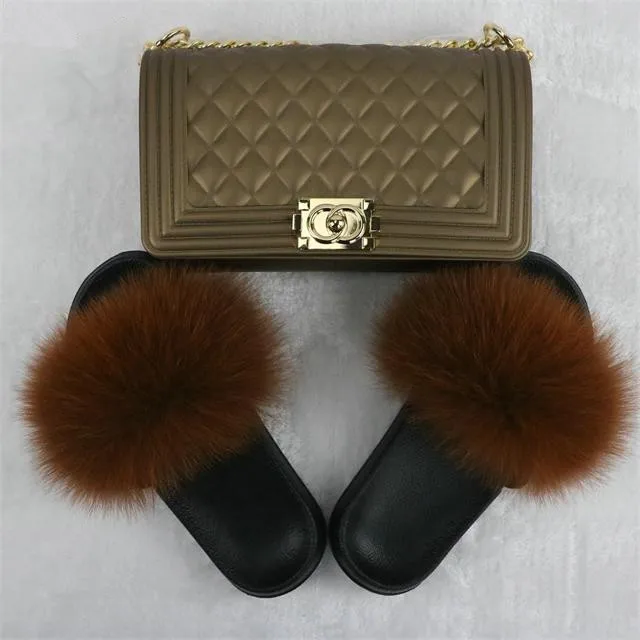 

Factory hot fox fur slippers ladies fur slippers with frosted jelly bag solid color set, Customized color