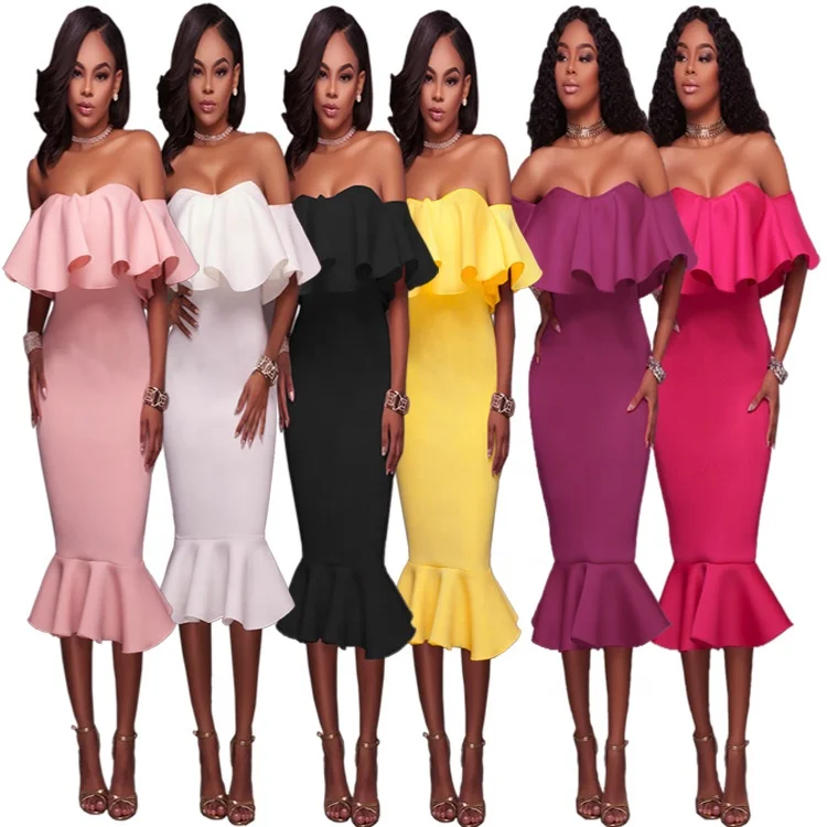 

Plus Size Women'S Hot Style Ruffled Sexy One-Shoulder Autumn Dress, Shown
