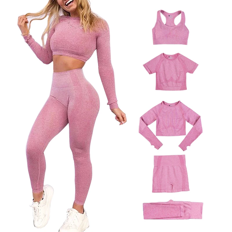 

Women Seamless 5 Piece Suits Yoga Sets Gym High WaistSuits Sleeveless Fitness Training Sport Running Sportswear Bra Pants