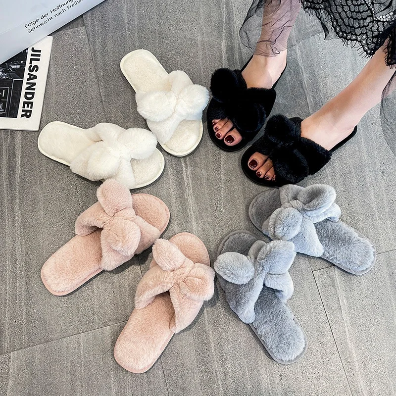 

New design woman ladies faux rabbit fur fluffy plush bowknot open toes slipper