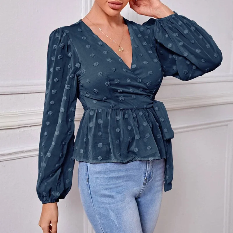 

ZC00911 2021 Fashion Women Clothes Lantern Long Sleeve Tie Up V-neck Sexy Women Ladies' Casual Floral Print Blouses Top
