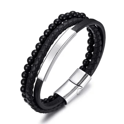 

Men's MultiLayer Leather Bracelet Punk Tiger Eye Lava Men Natural Stones Bead Leather Bracelet Stainless steel bracelet