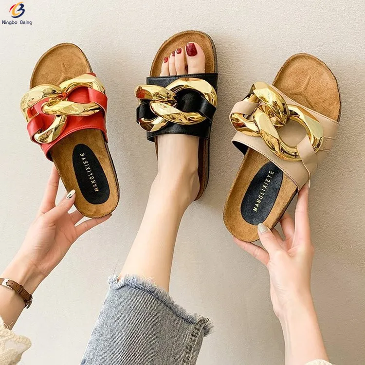 

Wholesale open toe with gold chains slides beach slippers women fashion shoes cork sole sandals