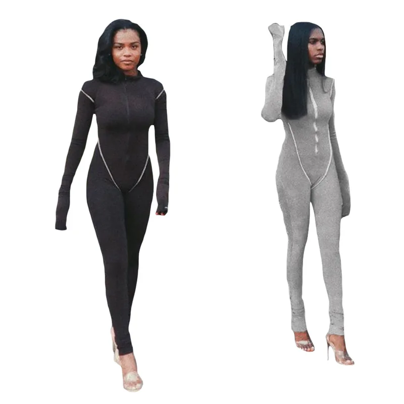

Fashion Solid Long Sleeve bandage bodycon jumpsuit wholesale woman One Piece Jumpsuits