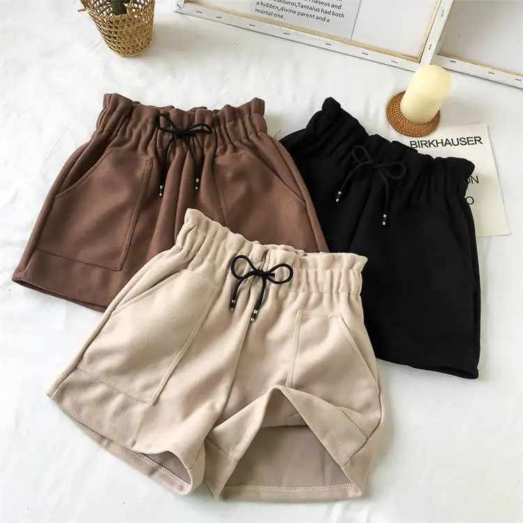 

2021 New Fashion Women Girls Solid Color Elastic Waist Korean Thicken High Waist Wide Leg Straight Trousers Loose Casual Shorts