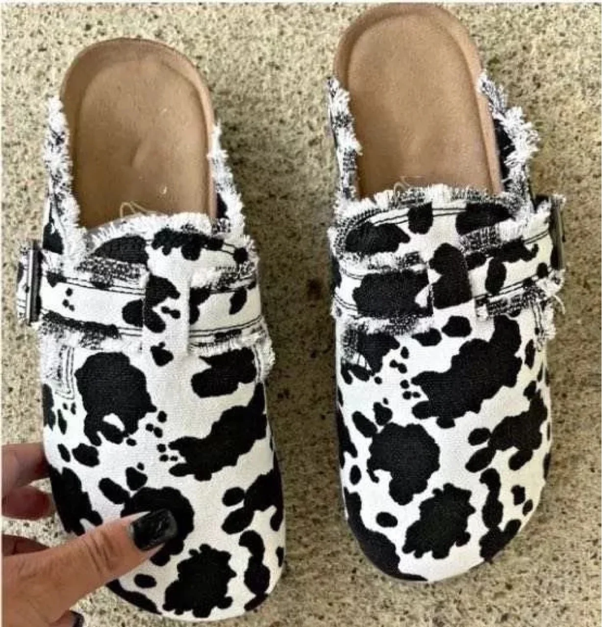 

woman ladies girls cow print canvas Slip-On loafers flat half shoe slipper sandals