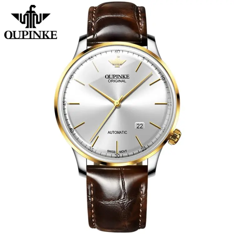 

OUPINKE 3269 Original Luxury Ultra Thin Watch Men Automatic Mechanical Slim with Date Brand Leather Wristwatch Relogio Masculino