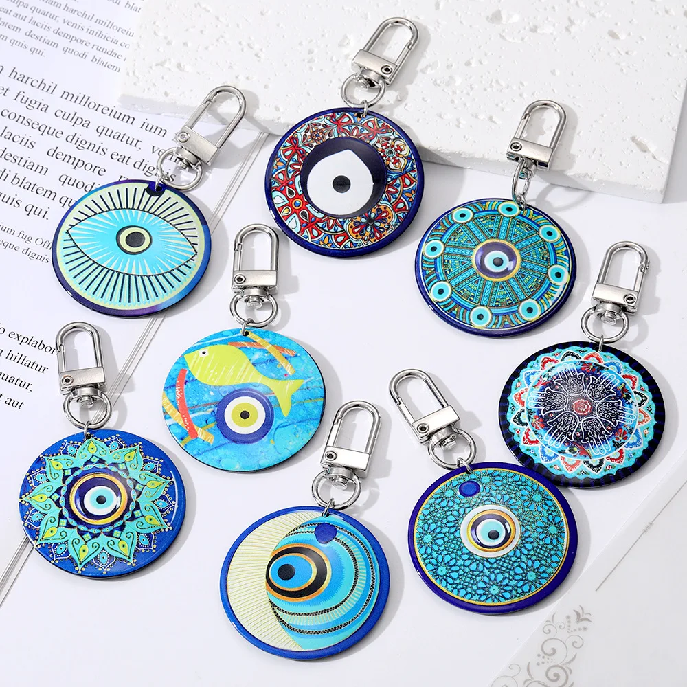 

Bohemian Colored Drawing Big Disc Keychain Acrylic Personalized Devil's Eye Pattern Key Ring For Bag