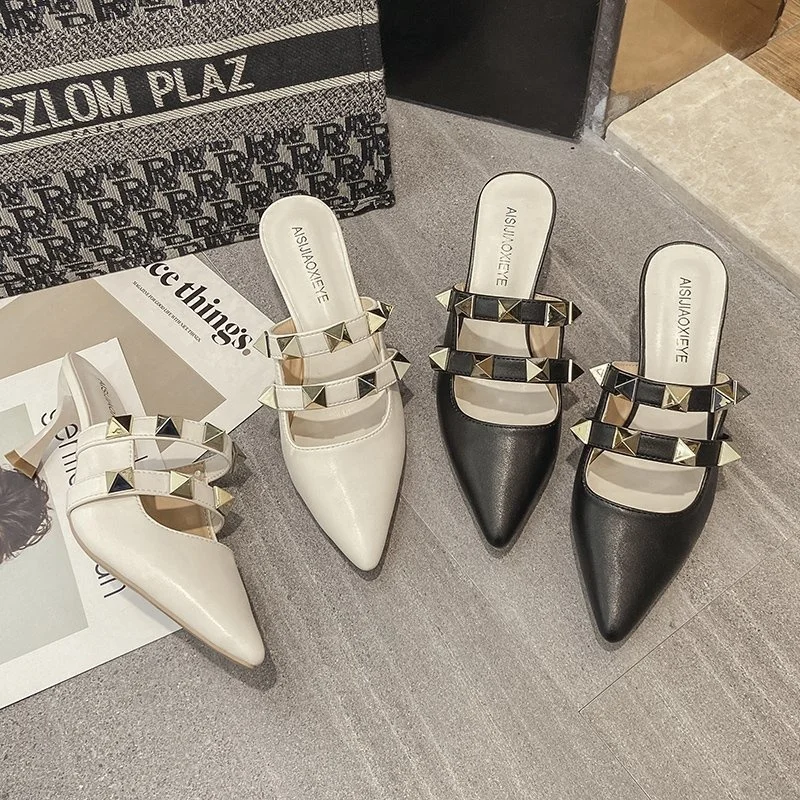 

Ladies Sandals Elegant Sexy High Heel Fashion Dress Ladies Pyramid Studs Pointed Toe Pump Shoes Painted Heel For Fashion Women, Brown/white