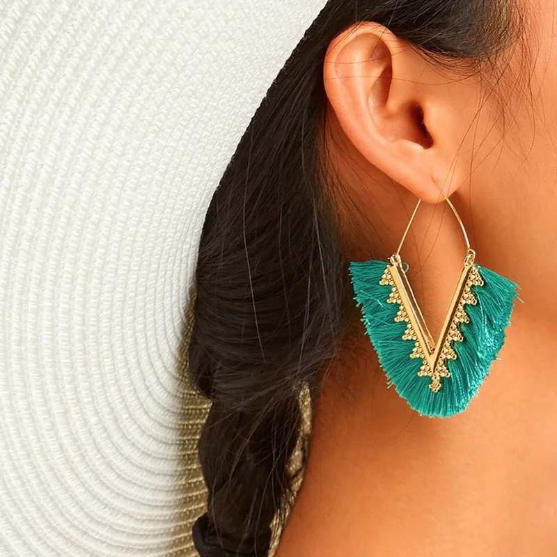 

Wholesale Boho Silk Tassel Earrings Gold plated Tassel Statement Fringe Earrings for Women, White/multi color/green/yellow/orange