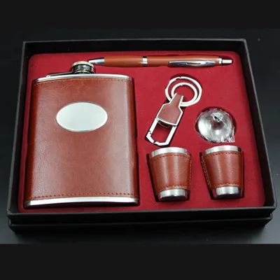 

8OZ hip flask gift set( hip flask +pen+keychain+2 cups+funnel ), Brown leather