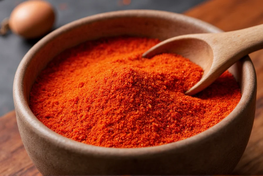 Close-up of vibrant red Korean crushed red pepper (gochugaru) in a traditional ceramic bowl with wooden spoon
