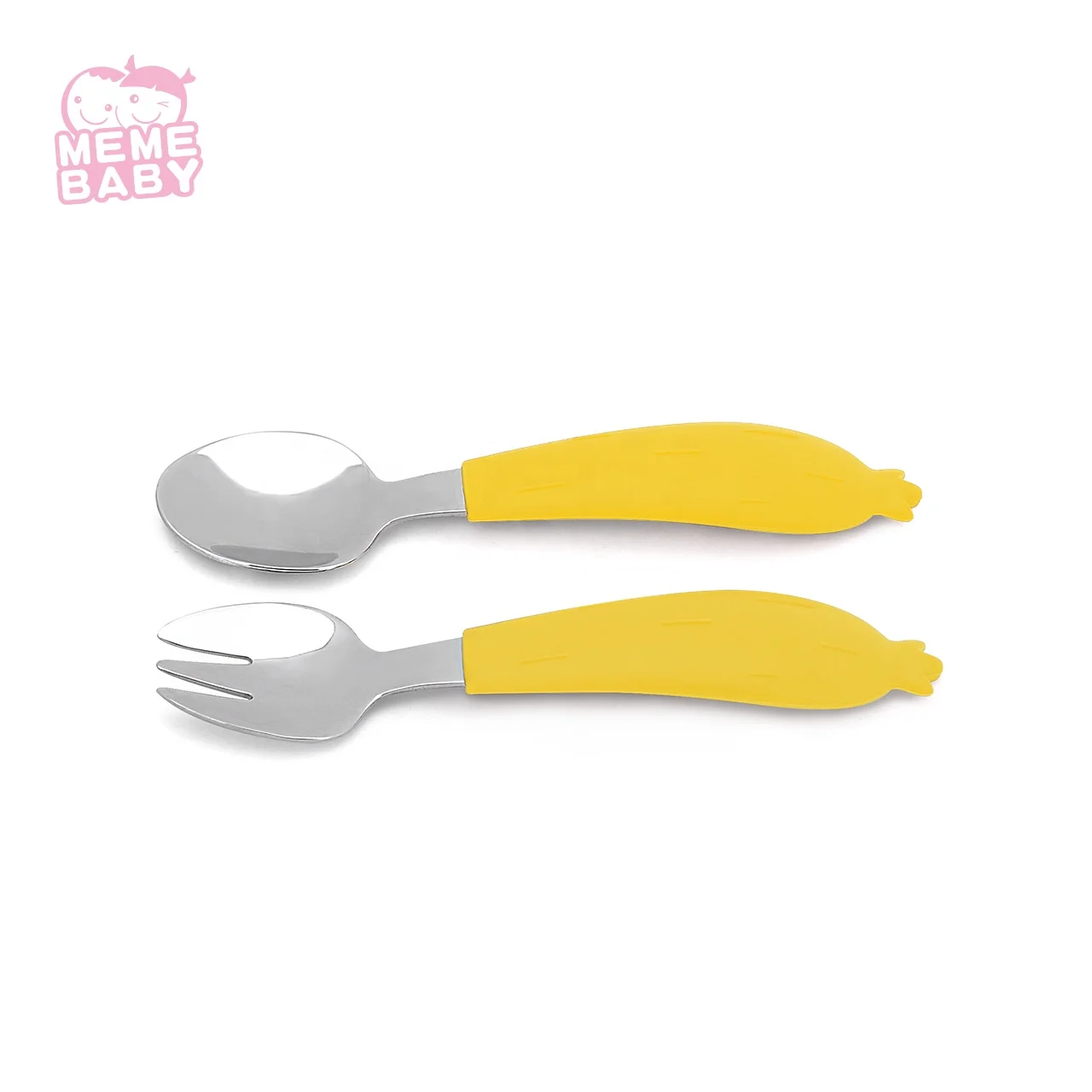 

Baby Feeding Tableware New Design Funny Carrot Shape Silicone Stainless Steel Spoon And Fork Set, Yellow, orange, customized