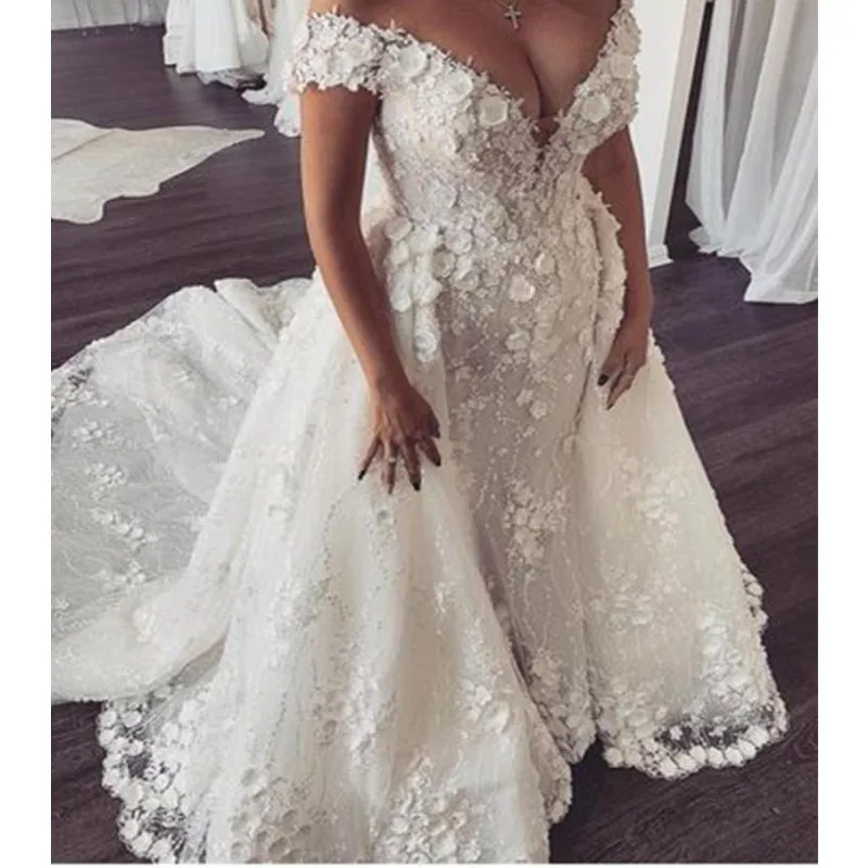 

Luxury 3D Floral Beading Mermaid Wedding Dresses with Detachable Train 2021 Arabic Lace Court Train Off Shoulder Bridal Gowns, Custom made