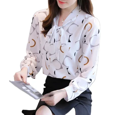 

2021 new ladies blouse chiffon bowknot long sleeve tops print fashion women shirts