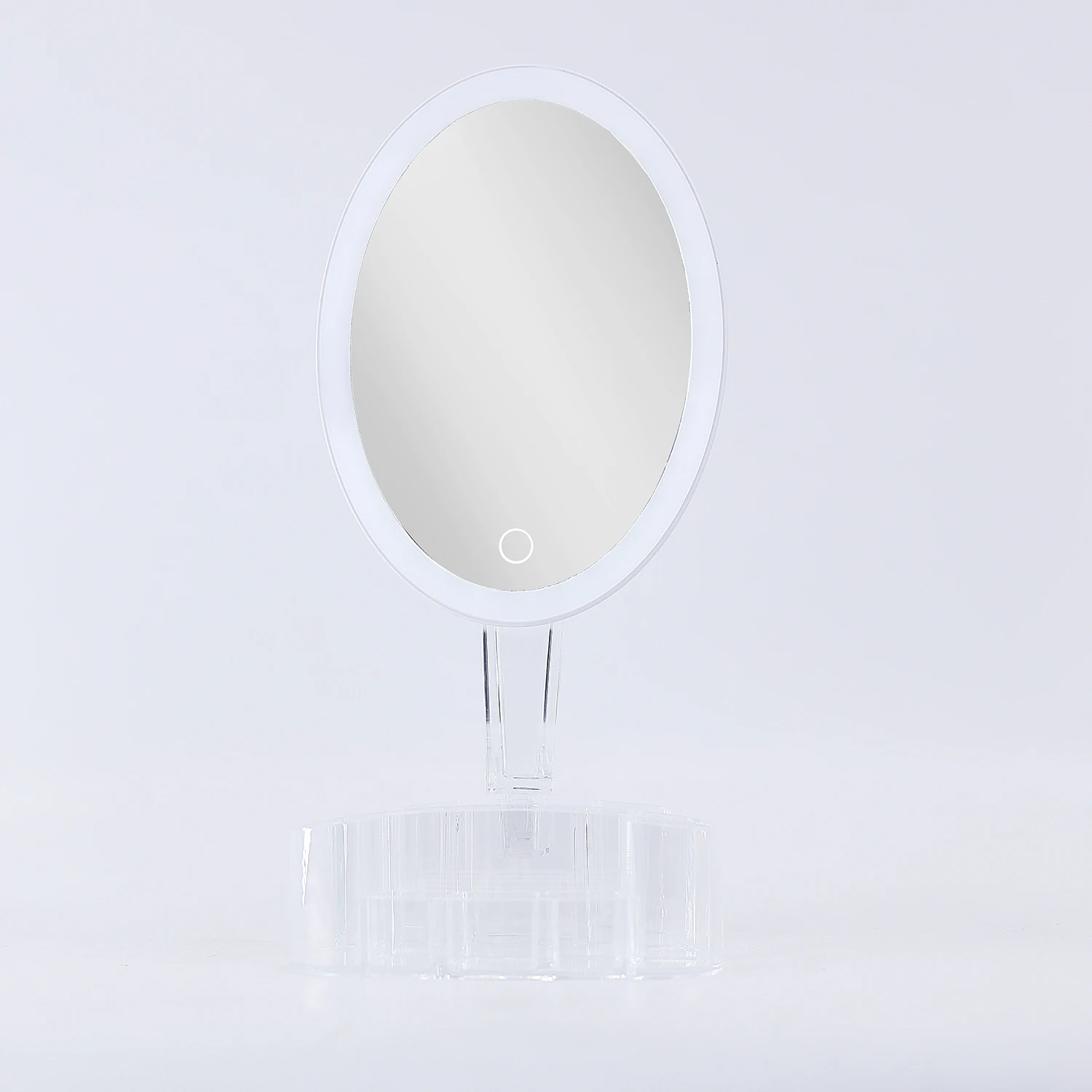 

Adjustable Transparent rod LED lighted Desktop portable Oval Makeup Mirror with 3 lipstick Grids Organizer