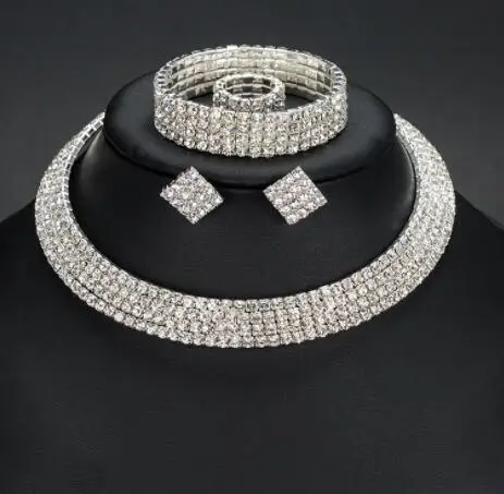 

WN387 High quality Bridal rhinestones jewelry set multi rows rhinestones choker necklace earrings bangle ring set