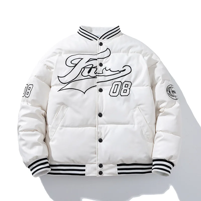 

Private label warm winter custom logo varsity embroidery plus size letter men puffer baseball bomber jacket