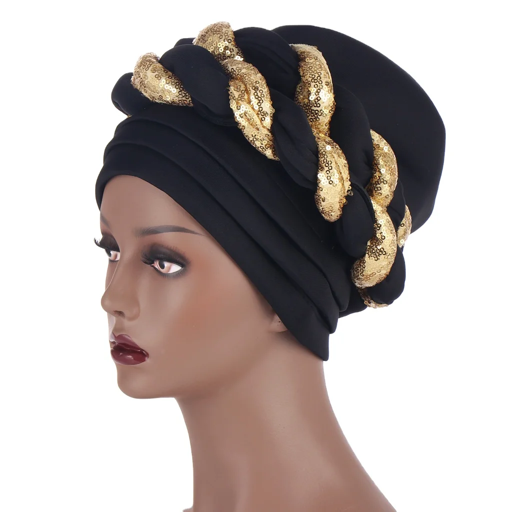 

2021 New Muslim space layer two-color sequined twist head fashion exaggerated ball head hat women hijab