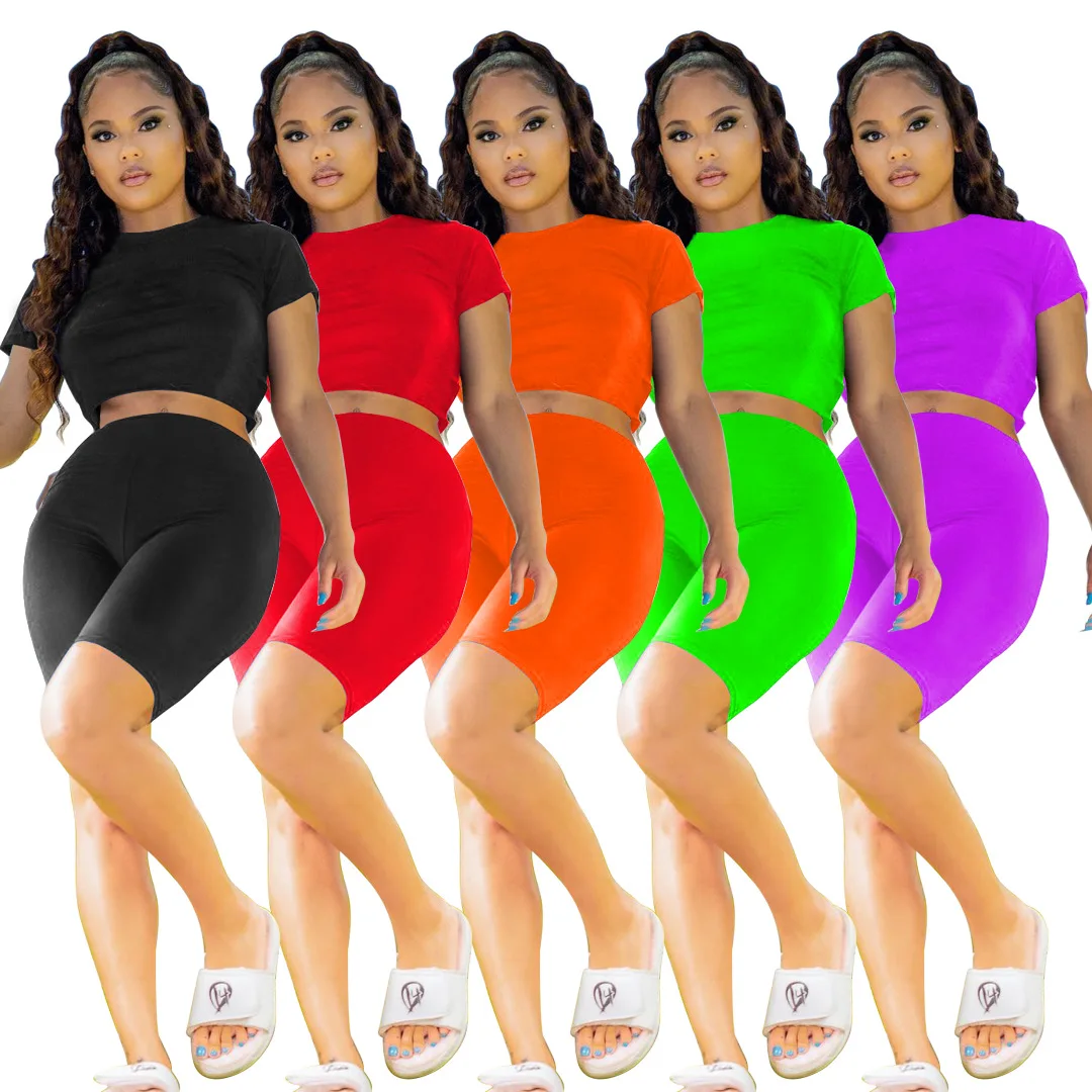 

10305-SW23 tight short sleeve 2 piece sets crop top jumpsuits women sehe fashion, 5 colors