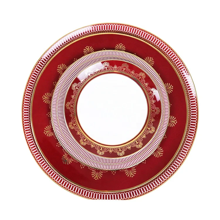 

Wholesale Bone China Dinnerware Set Home Ware Red Wedding Restaurant Ceramic Dishes Plates Porcelain Dinner Set, As shown