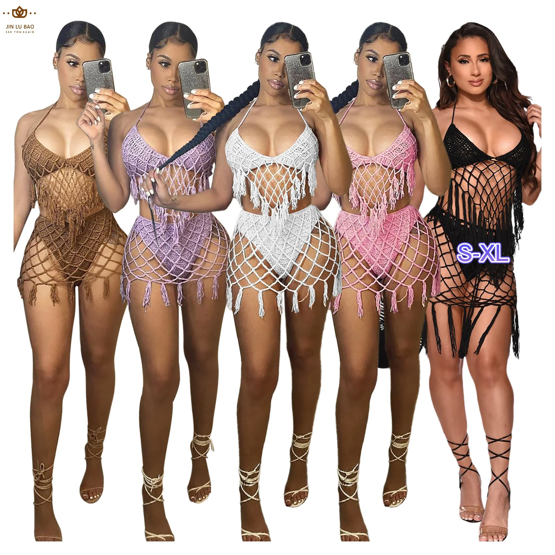 

Summer 2022 Hot Sale Sexy Tassels Mesh Beach Wear Bikini Set 3 Piece Crochet Pants Set Women Cover Up Crochet Bikini Swimwear, Picture color