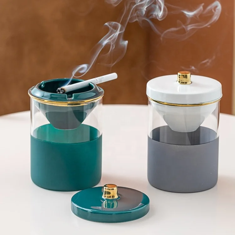 

modern Art Portable Glass Windproof Ashtray cigar Smoke Tobacco Ash Holder Container Cover Office Car ashtray, As pictures