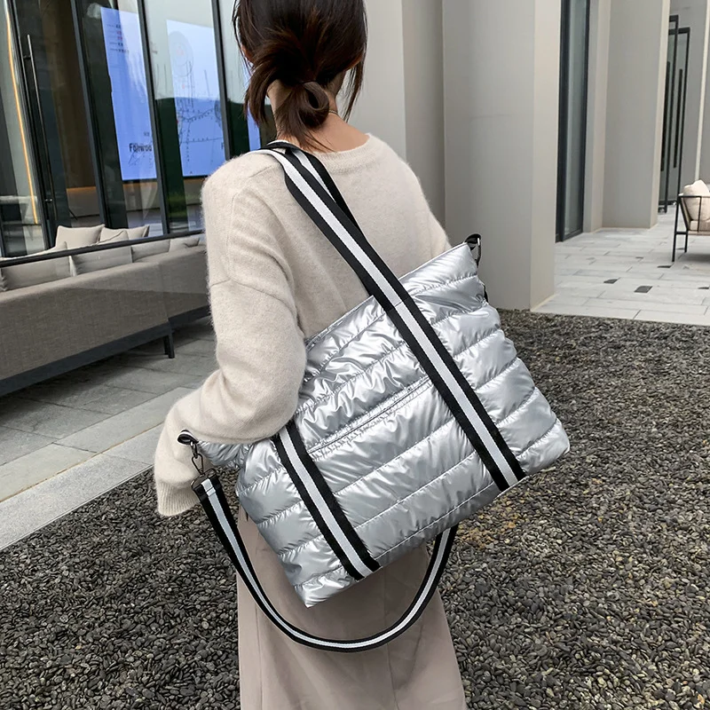 

New Design Top Handle Bags Unique Large Capacity Leisure Polyester Lining Handbags White Puffer Grid Soft Nylon Woman's Tote Bag, Silver,black,white blue