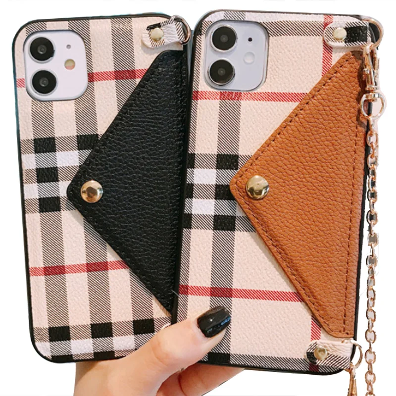 

Luxury Stylish lattice leather Crossbody Purse Wallet Handbag Cell Phone Case for i Phone 11pro max 7plus with Chain Wrist Strap, Black and brown