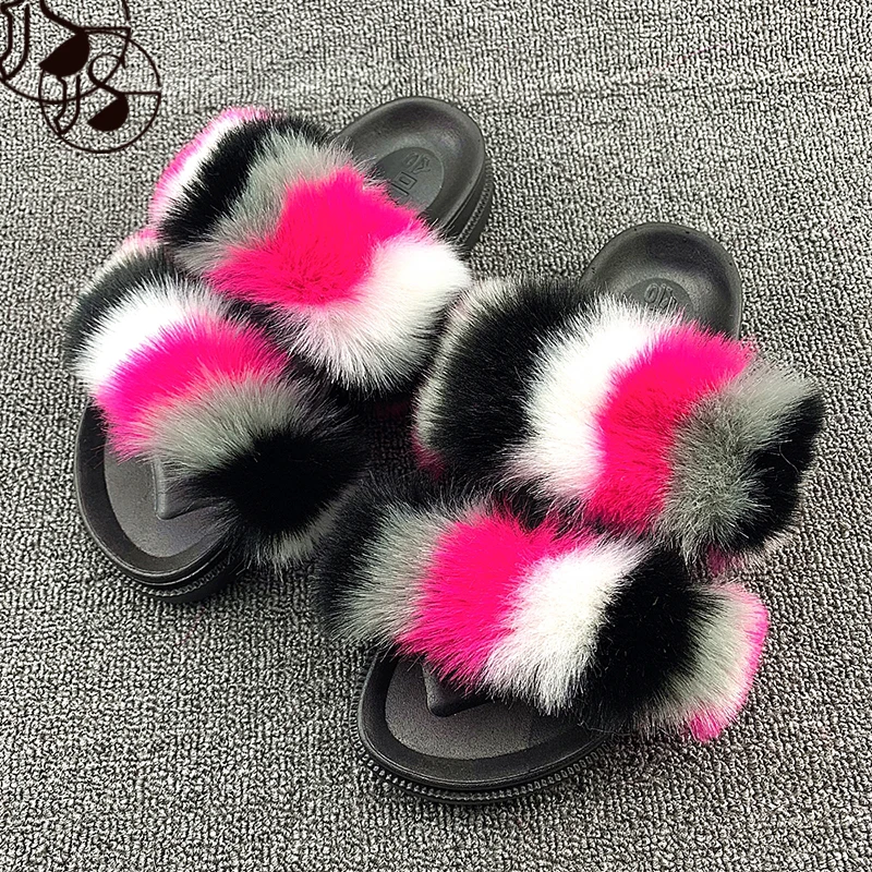 

Fashion 2021 Factory Direct Wholesale Colorful Raccoon Fox Fur Slippers For Women Fur Slippers Big Fluffy Furry Slides, Picture